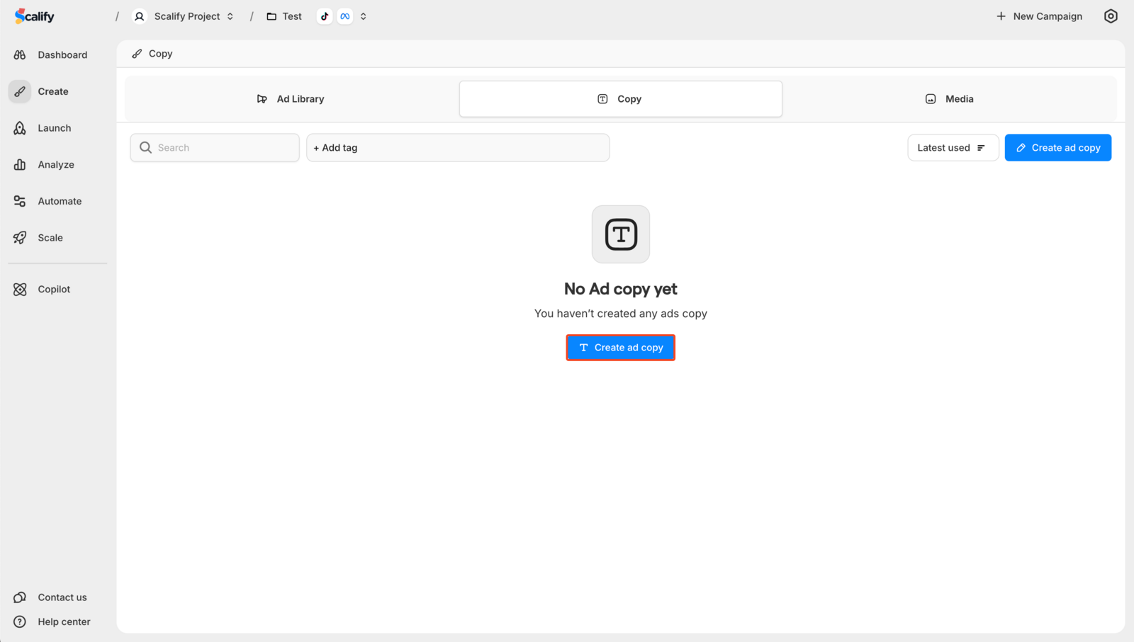 Create Ad Copy Button Highlighted
