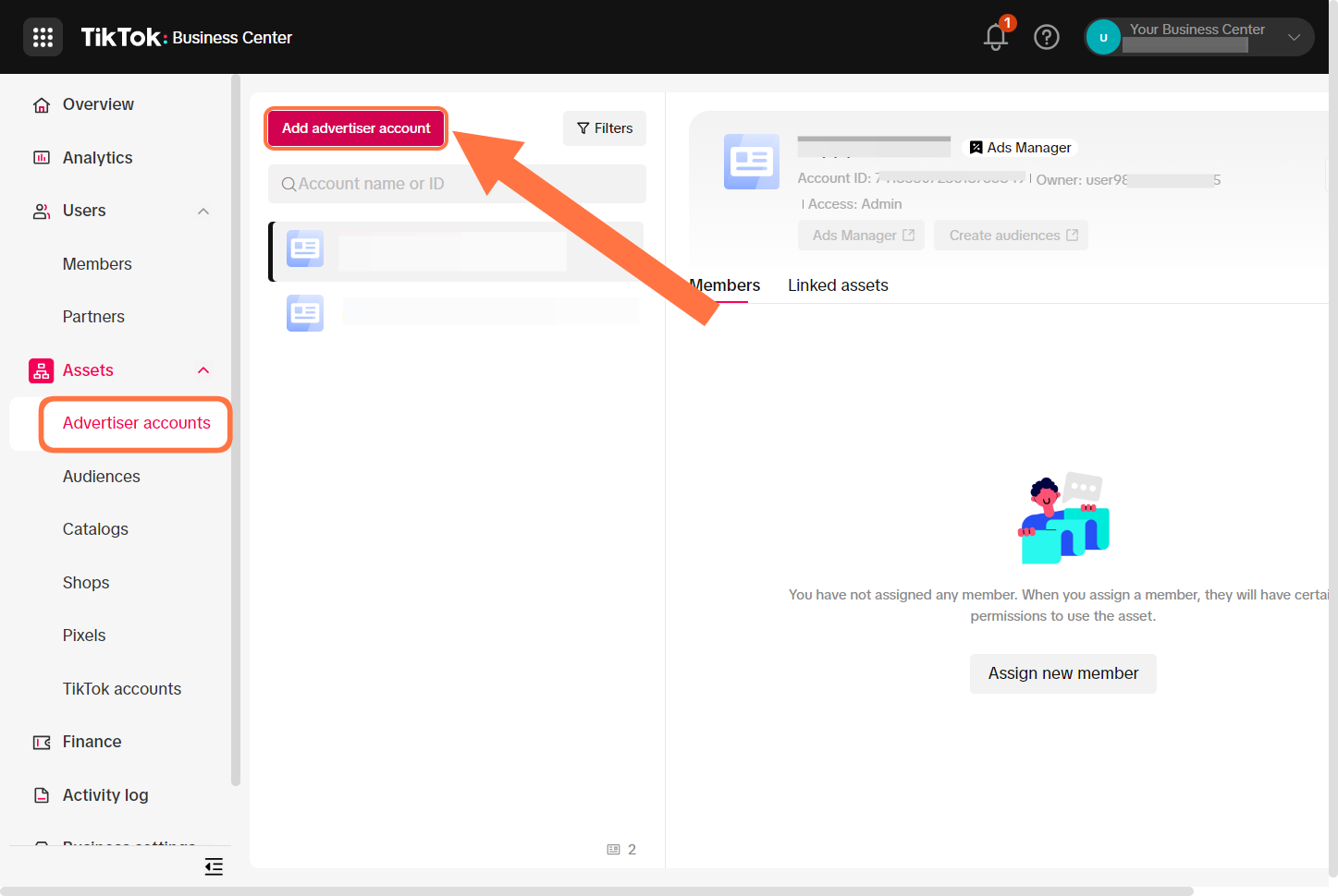 Click on Add advertiser account.