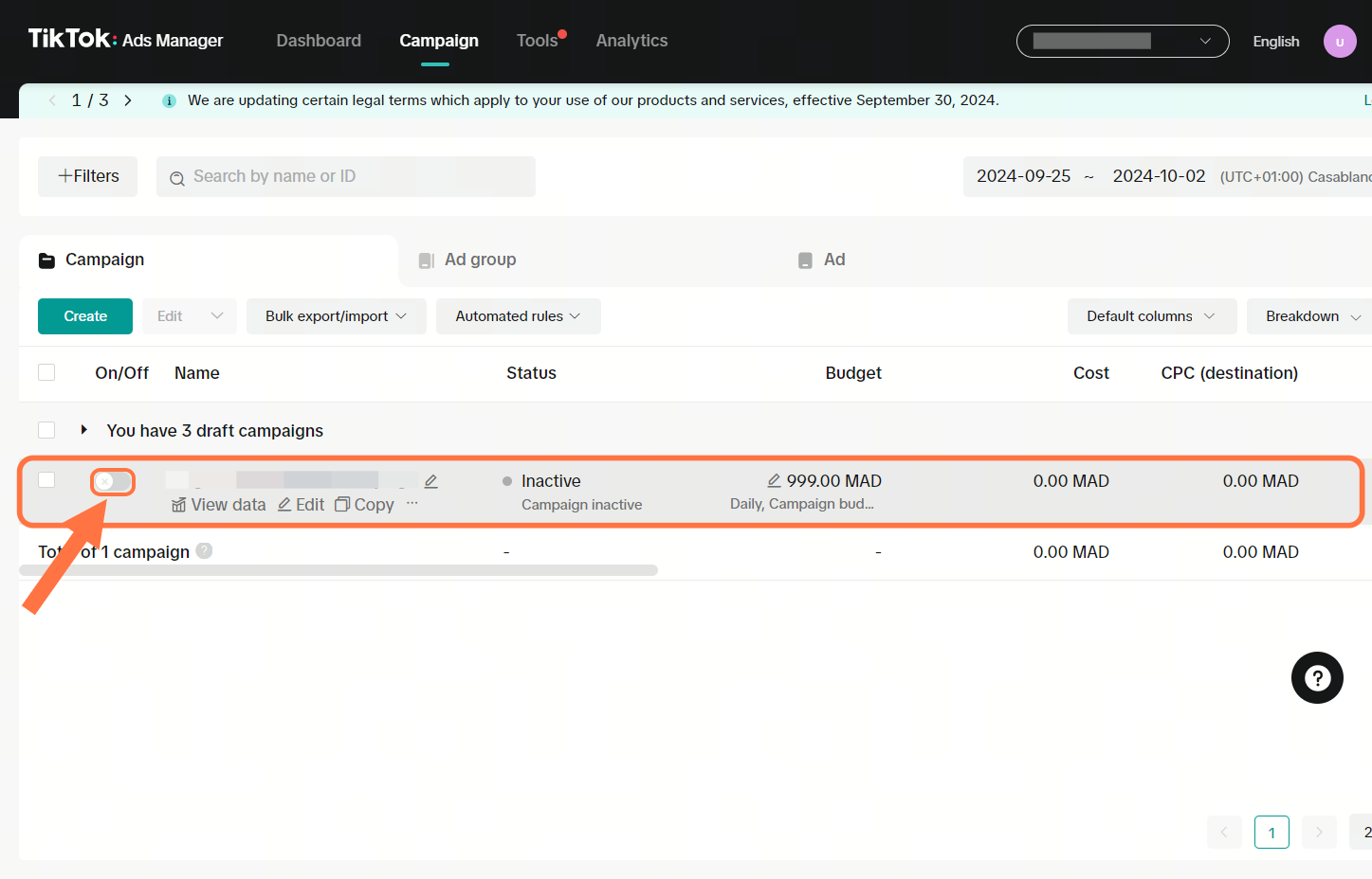 Toggle to the left to turn off/pause