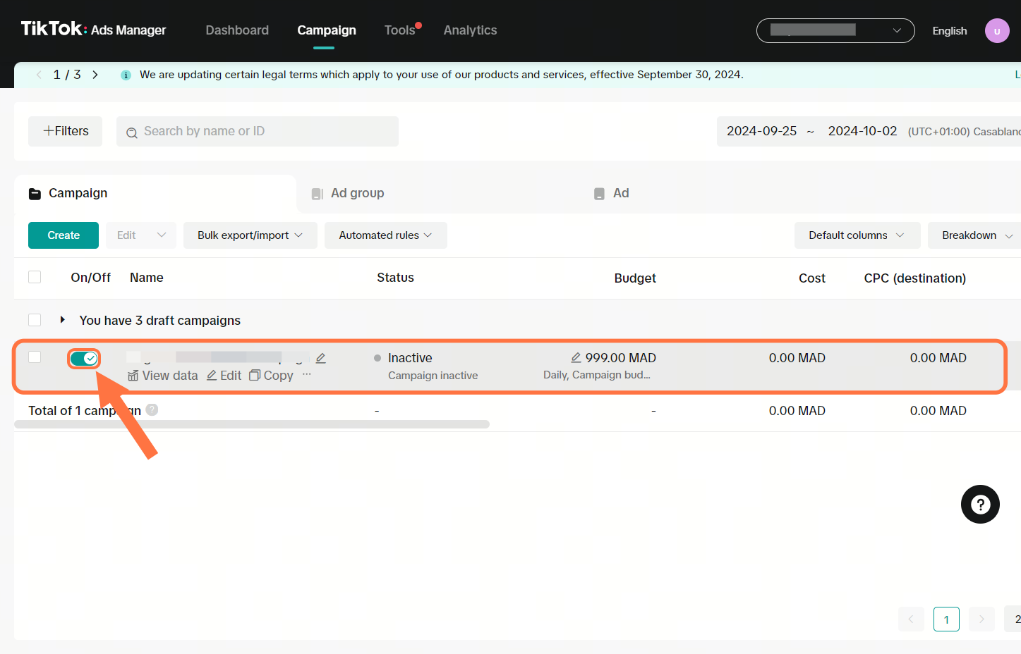 Toggle to the right to turn on/activate the ads