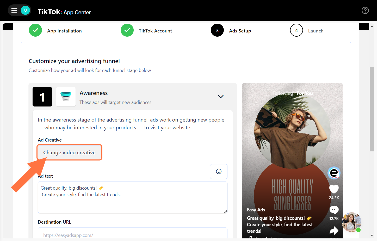 Click on "Change video creative"