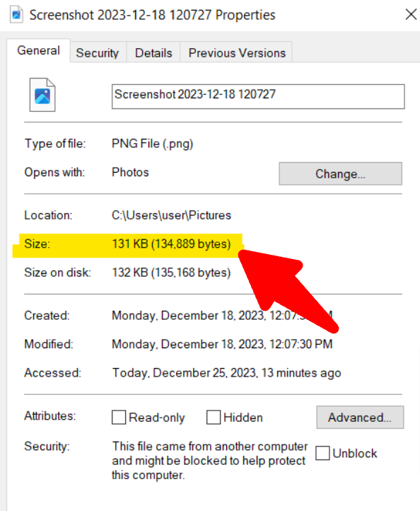 Image Size on Windows.