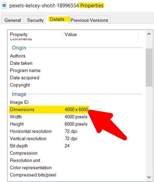 Image Dimensions on Windows.