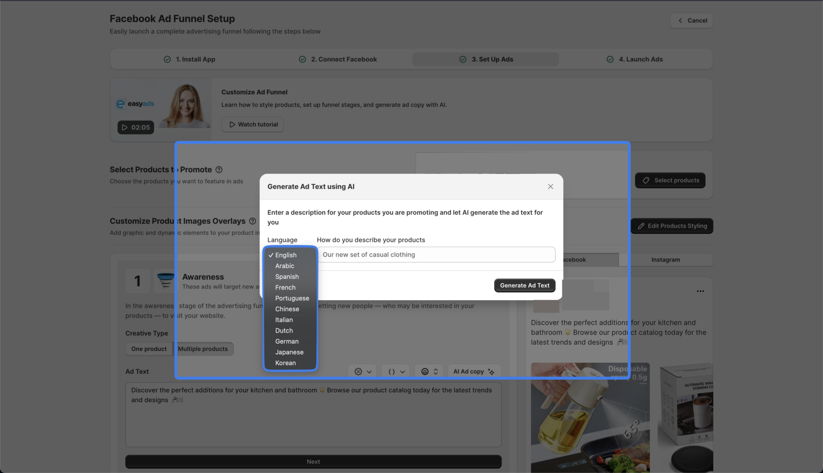Select a language from the ones provided.