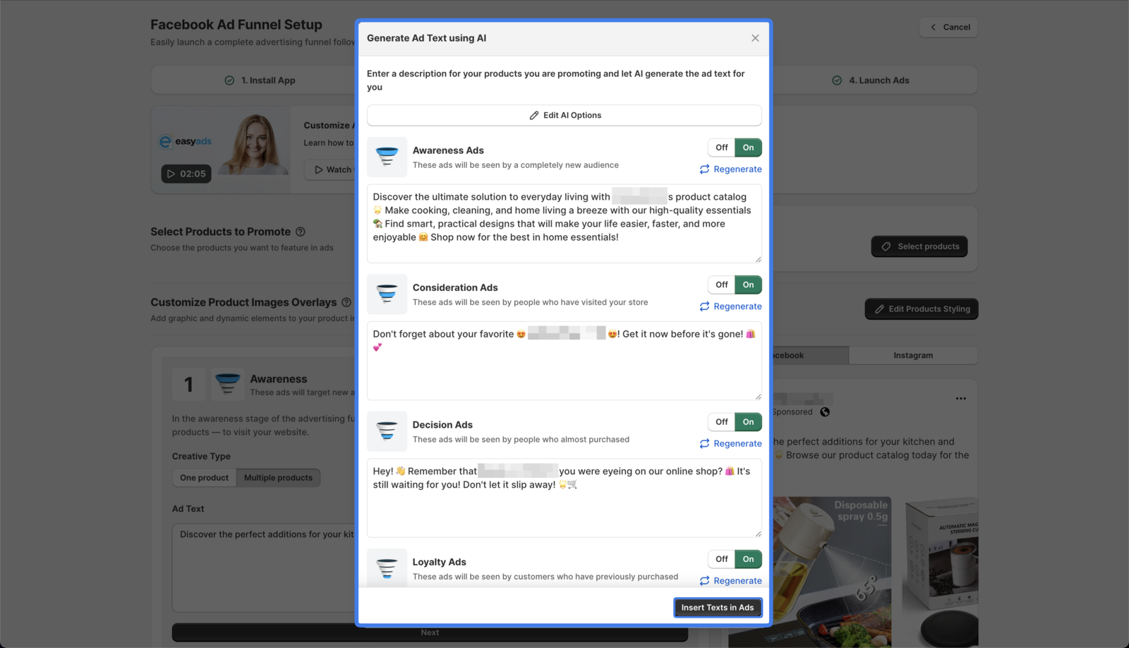 Click on the Insert Texts in Ads Button