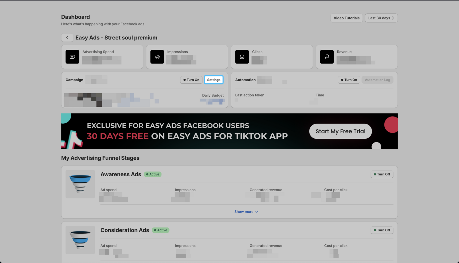 Settings Button in Easy Ads Dashboard