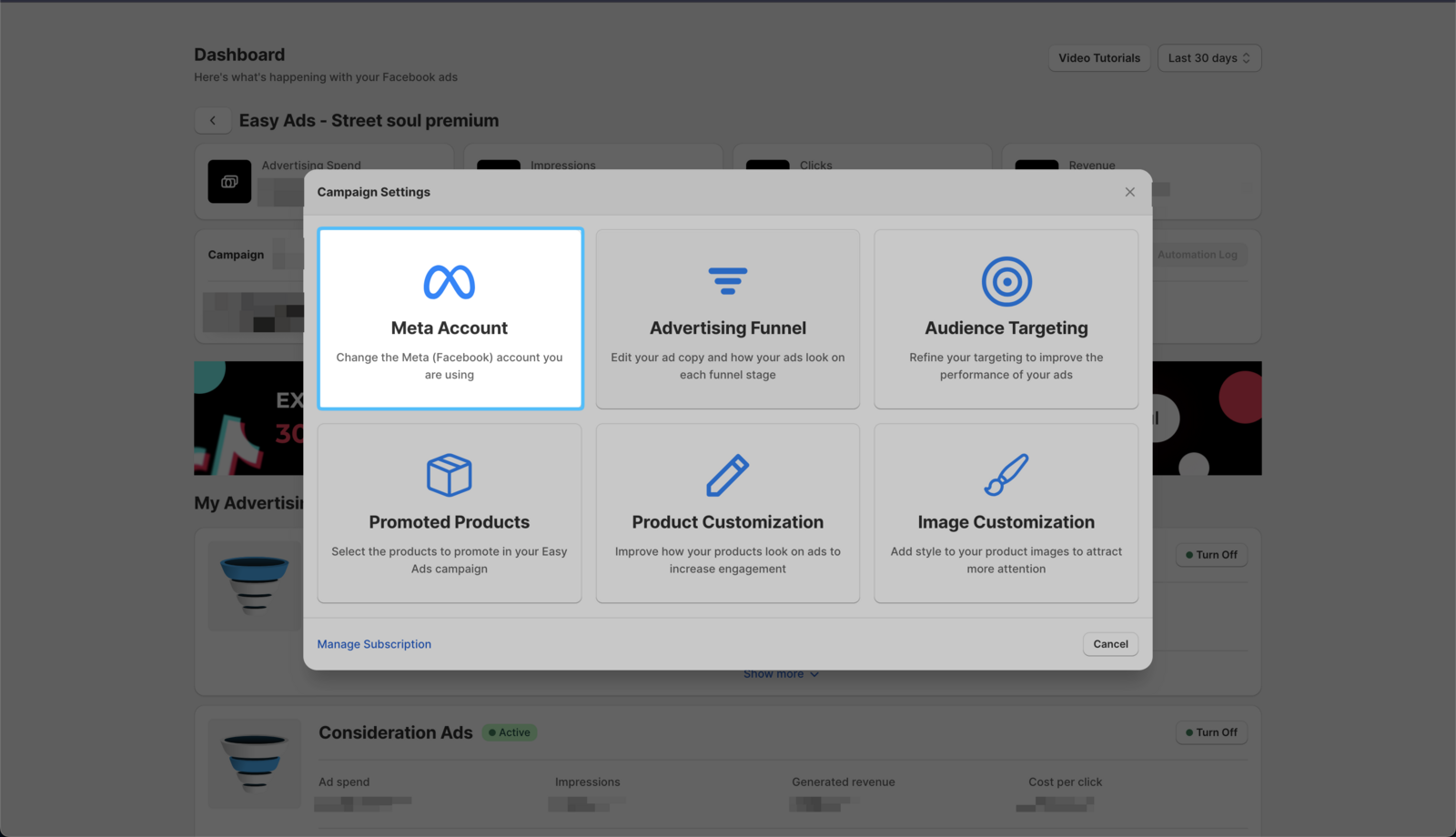 Meta Account Button in Easy Ads Dashboar