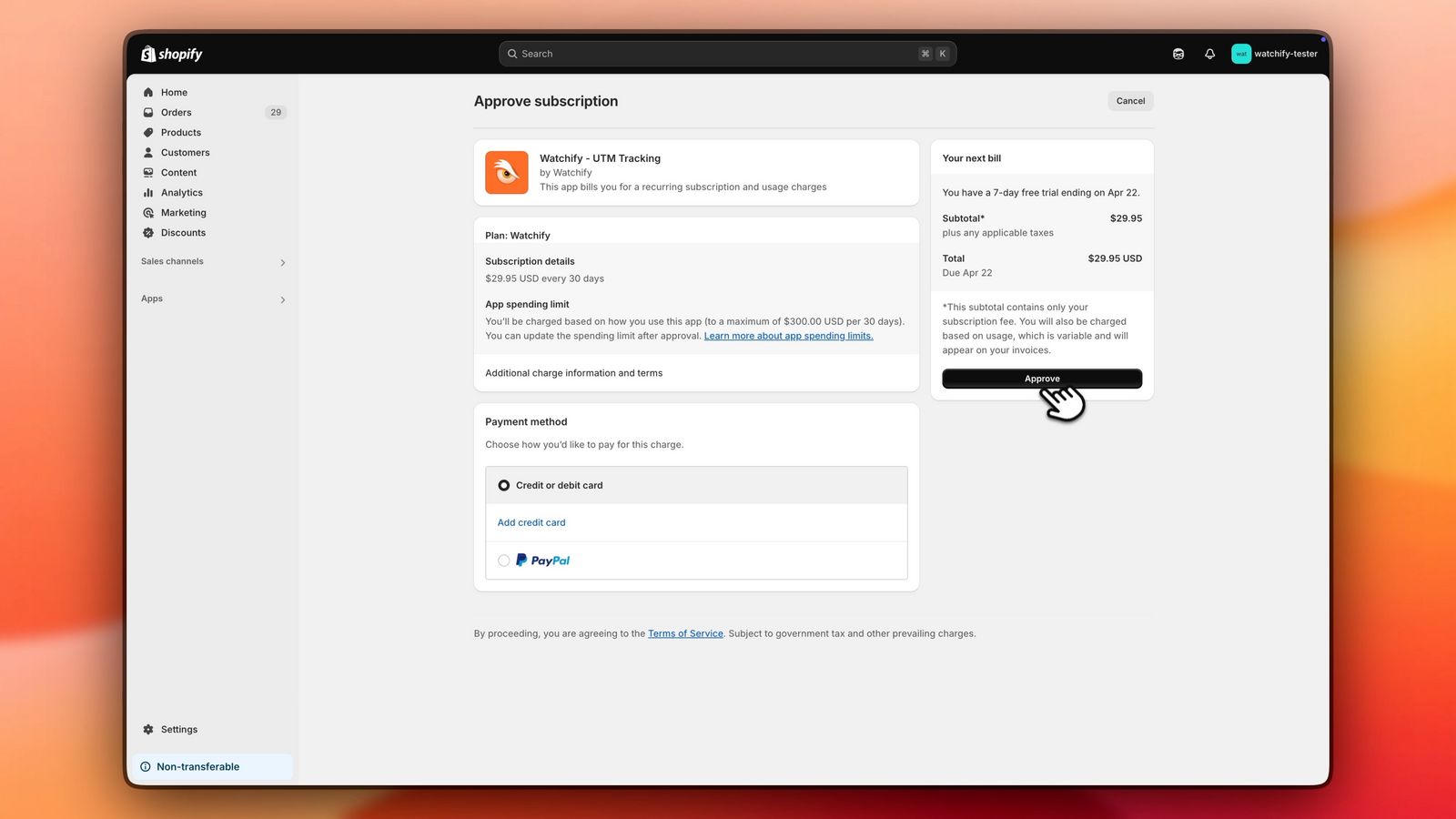 Approve charge to complete installation