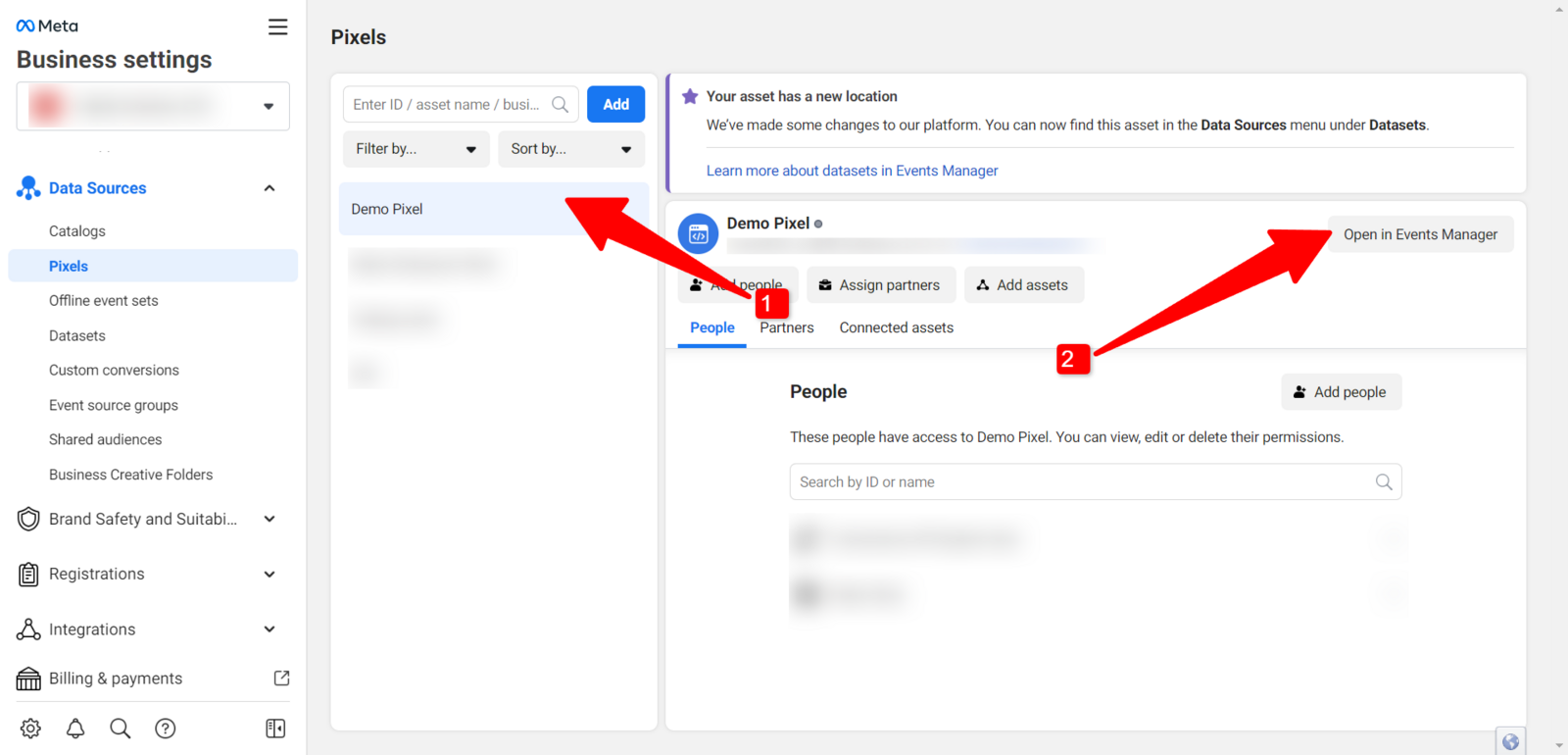 Pixel or Dataset → Open in Events Manager