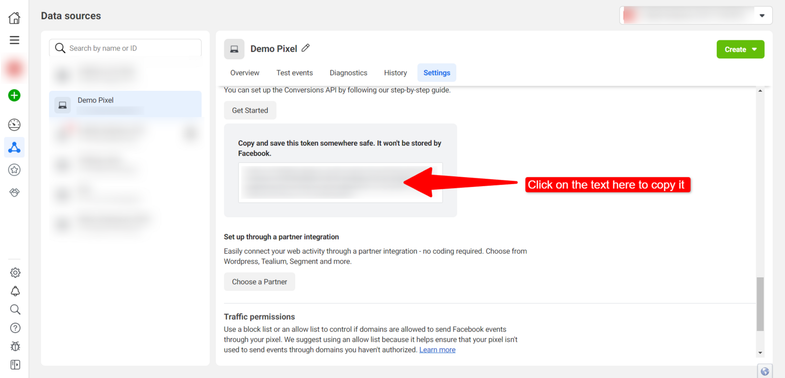 Copy the Conversion API access token