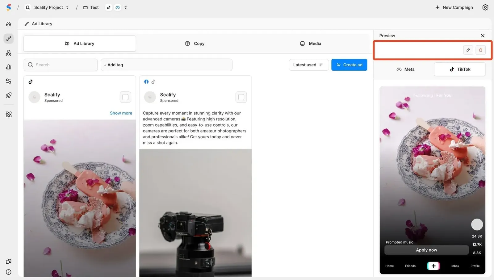 Ad Library: Edit & Delete Buttons Highlighted