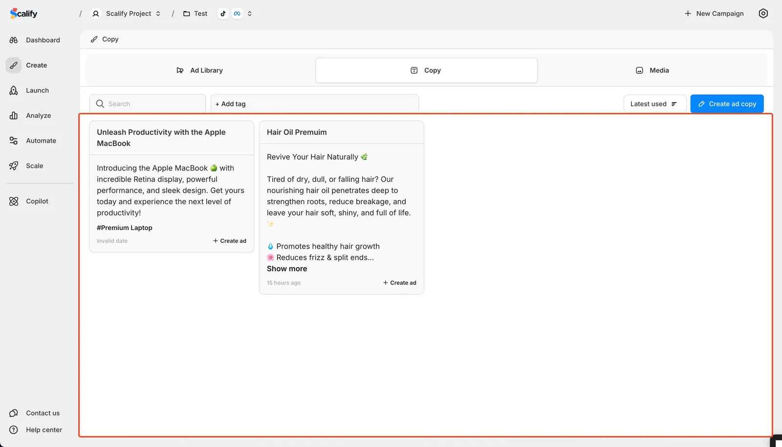Ad Copies Saved in Copy Section